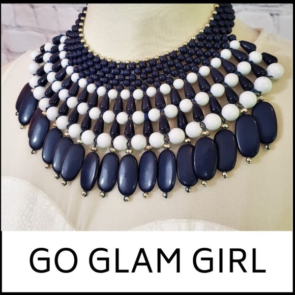 Glam Girl Fashion Jewelry - NWT Beaded Statement Bib Necklace - Navy/White